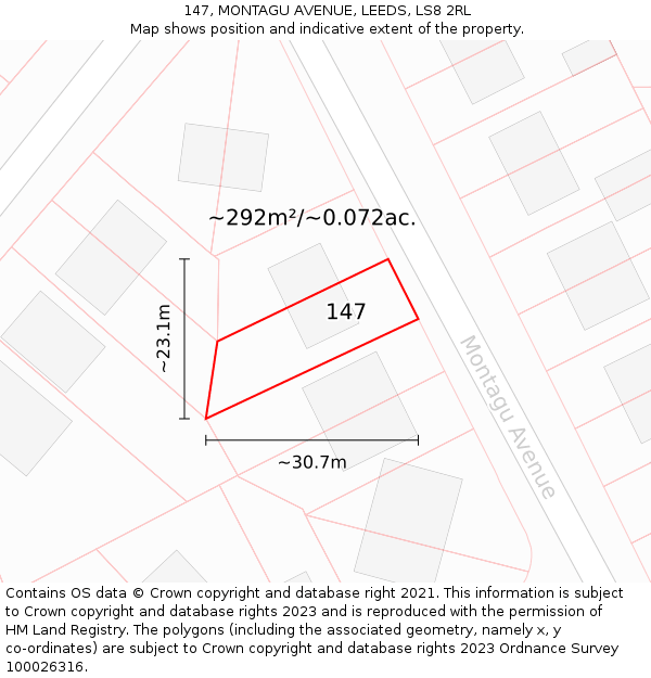 147, MONTAGU AVENUE, LEEDS, LS8 2RL: Plot and title map