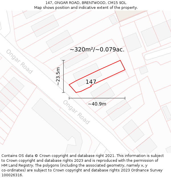 147, ONGAR ROAD, BRENTWOOD, CM15 9DL: Plot and title map