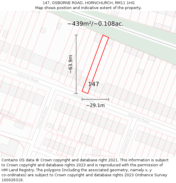 147, OSBORNE ROAD, HORNCHURCH, RM11 1HG: Plot and title map