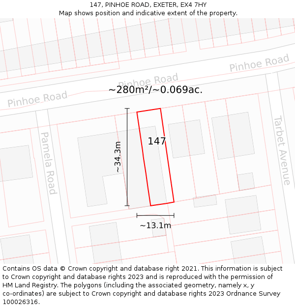 147, PINHOE ROAD, EXETER, EX4 7HY: Plot and title map