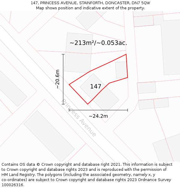 147, PRINCESS AVENUE, STAINFORTH, DONCASTER, DN7 5QW: Plot and title map