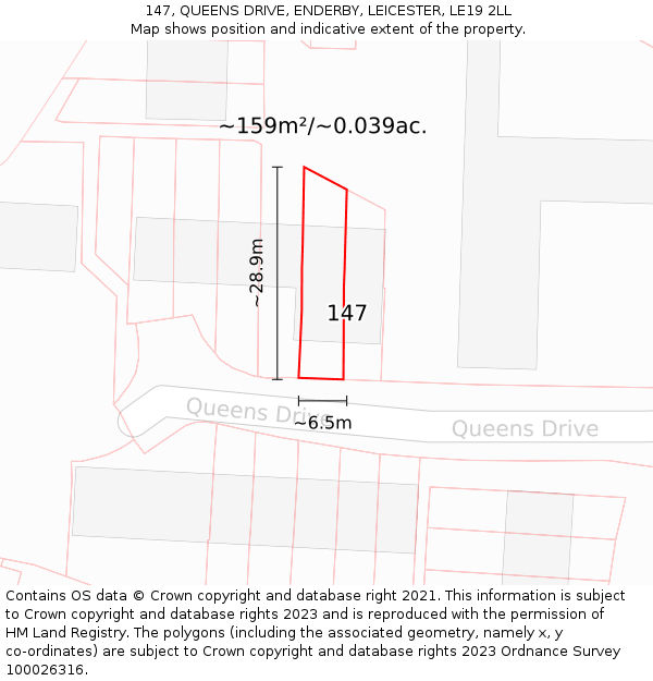 147, QUEENS DRIVE, ENDERBY, LEICESTER, LE19 2LL: Plot and title map