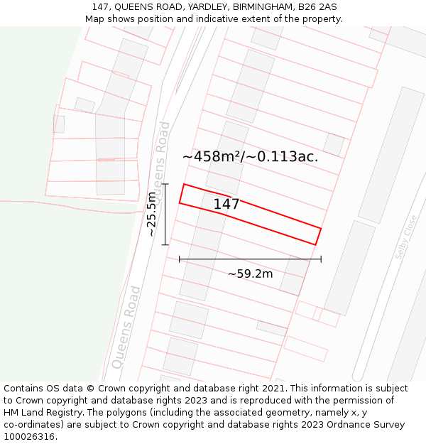 147, QUEENS ROAD, YARDLEY, BIRMINGHAM, B26 2AS: Plot and title map