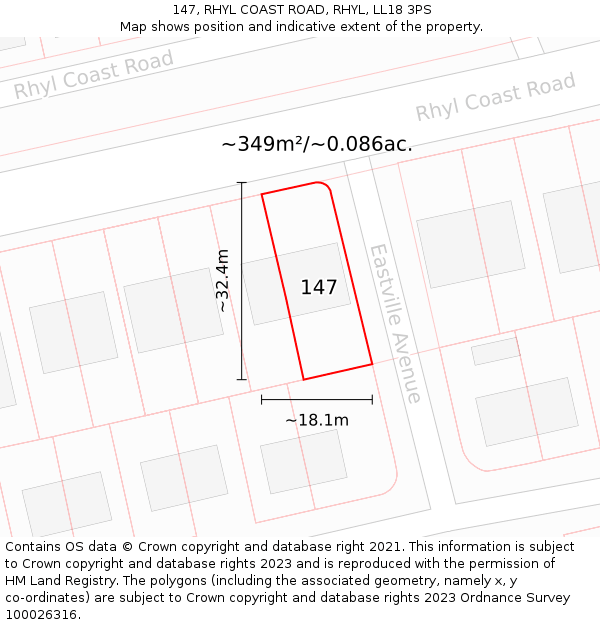 147, RHYL COAST ROAD, RHYL, LL18 3PS: Plot and title map
