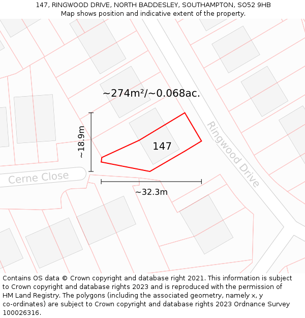 147, RINGWOOD DRIVE, NORTH BADDESLEY, SOUTHAMPTON, SO52 9HB: Plot and title map
