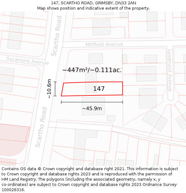 147, SCARTHO ROAD, GRIMSBY, DN33 2AN: Plot and title map