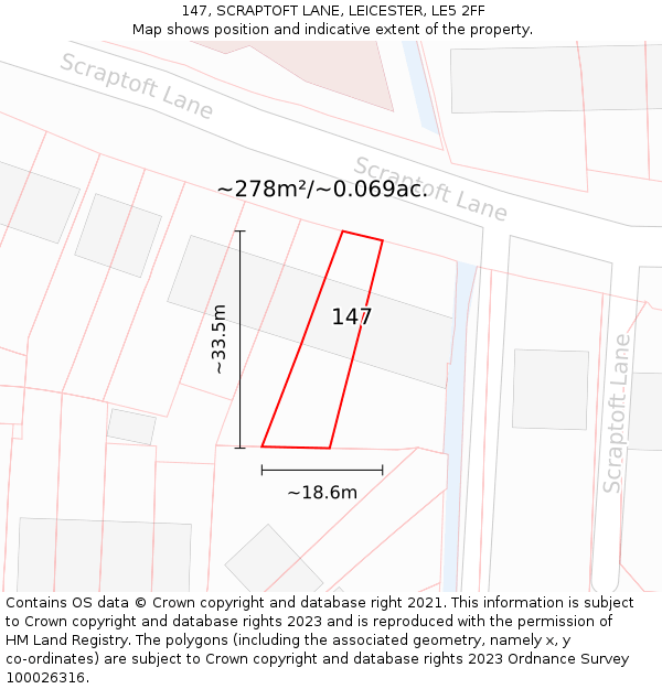 147, SCRAPTOFT LANE, LEICESTER, LE5 2FF: Plot and title map