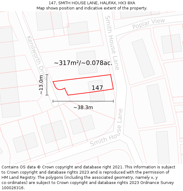 147, SMITH HOUSE LANE, HALIFAX, HX3 8XA: Plot and title map