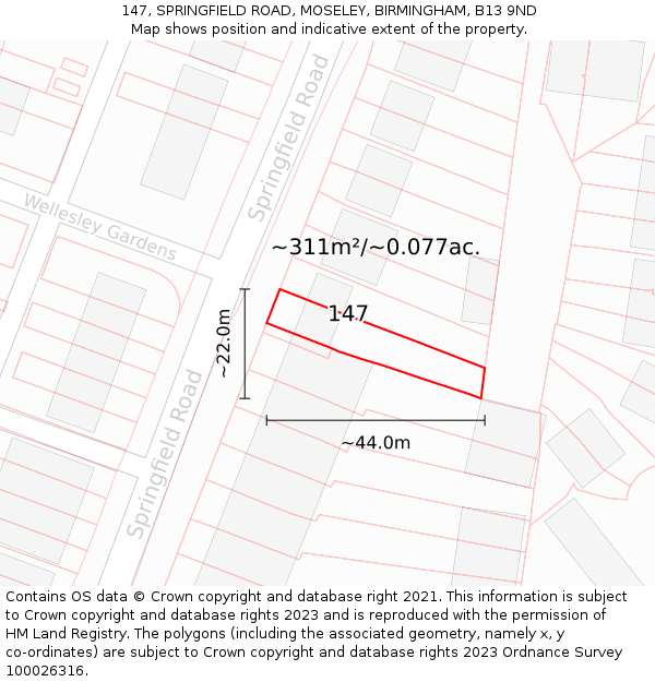 147, SPRINGFIELD ROAD, MOSELEY, BIRMINGHAM, B13 9ND: Plot and title map