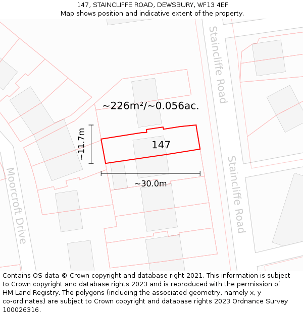 147, STAINCLIFFE ROAD, DEWSBURY, WF13 4EF: Plot and title map