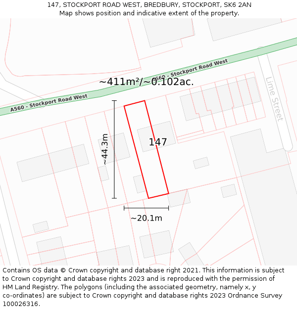 147, STOCKPORT ROAD WEST, BREDBURY, STOCKPORT, SK6 2AN: Plot and title map