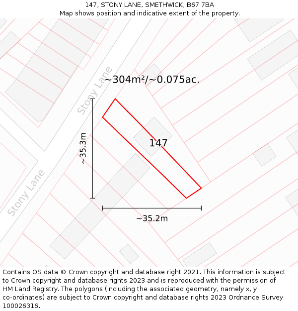 147, STONY LANE, SMETHWICK, B67 7BA: Plot and title map