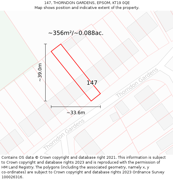 147, THORNDON GARDENS, EPSOM, KT19 0QE: Plot and title map
