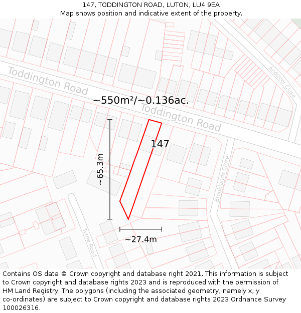 147, TODDINGTON ROAD, LUTON, LU4 9EA: Plot and title map