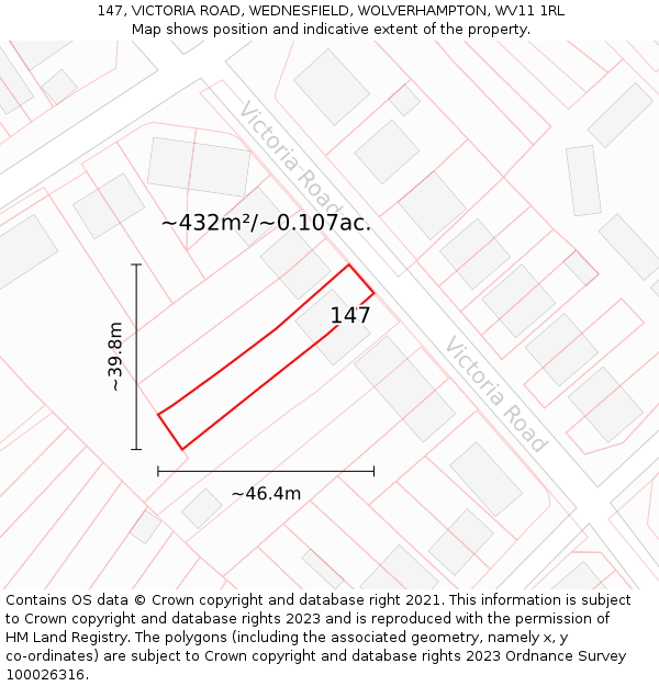 147, VICTORIA ROAD, WEDNESFIELD, WOLVERHAMPTON, WV11 1RL: Plot and title map