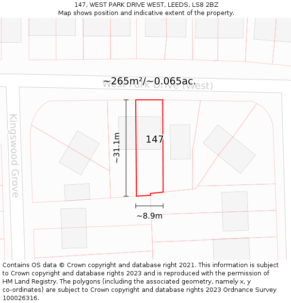 147, WEST PARK DRIVE WEST, LEEDS, LS8 2BZ: Plot and title map