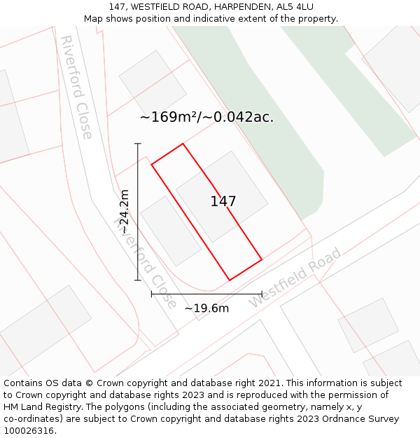 147, WESTFIELD ROAD, HARPENDEN, AL5 4LU: Plot and title map