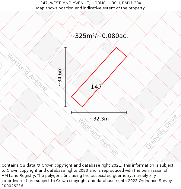 147, WESTLAND AVENUE, HORNCHURCH, RM11 3RX: Plot and title map