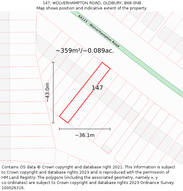 147, WOLVERHAMPTON ROAD, OLDBURY, B68 0NB: Plot and title map