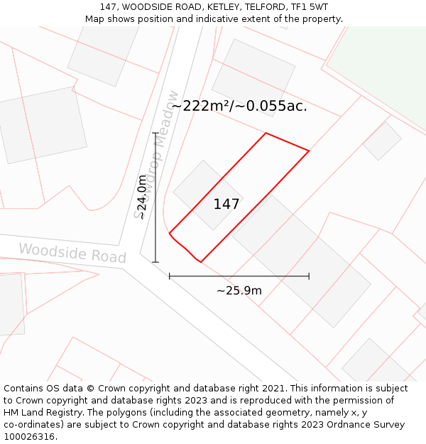 147, WOODSIDE ROAD, KETLEY, TELFORD, TF1 5WT: Plot and title map