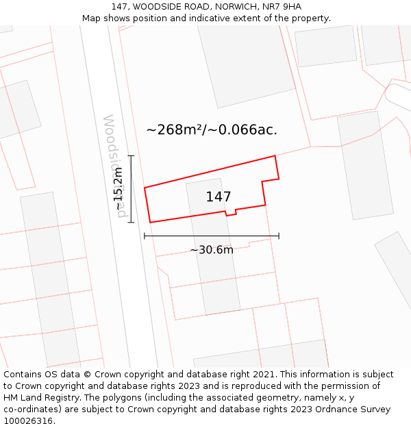 147, WOODSIDE ROAD, NORWICH, NR7 9HA: Plot and title map