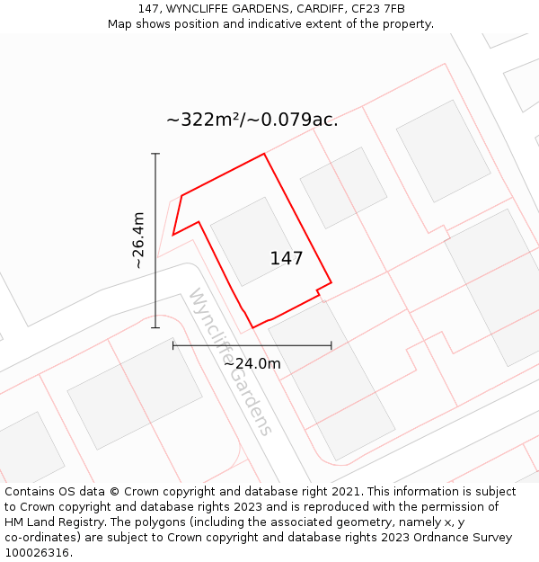 147, WYNCLIFFE GARDENS, CARDIFF, CF23 7FB: Plot and title map
