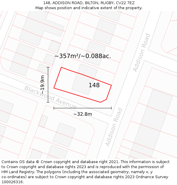 148, ADDISON ROAD, BILTON, RUGBY, CV22 7EZ: Plot and title map