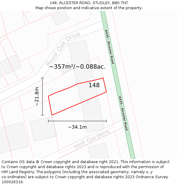 148, ALCESTER ROAD, STUDLEY, B80 7NT: Plot and title map
