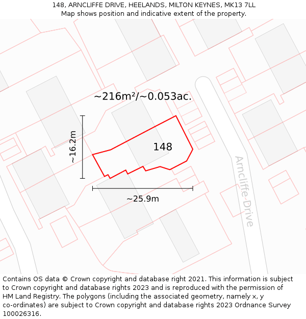 148, ARNCLIFFE DRIVE, HEELANDS, MILTON KEYNES, MK13 7LL: Plot and title map
