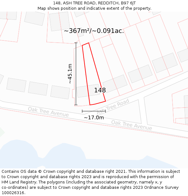 148, ASH TREE ROAD, REDDITCH, B97 6JT: Plot and title map