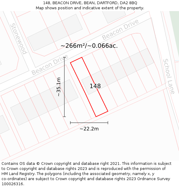 148, BEACON DRIVE, BEAN, DARTFORD, DA2 8BQ: Plot and title map