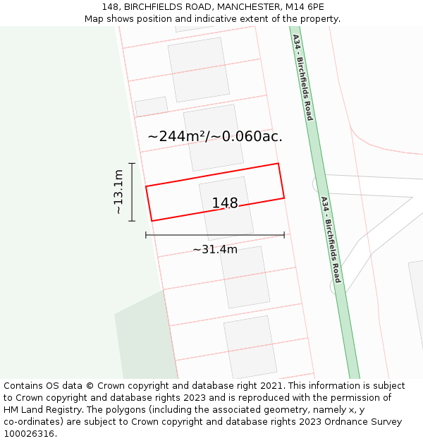 148, BIRCHFIELDS ROAD, MANCHESTER, M14 6PE: Plot and title map