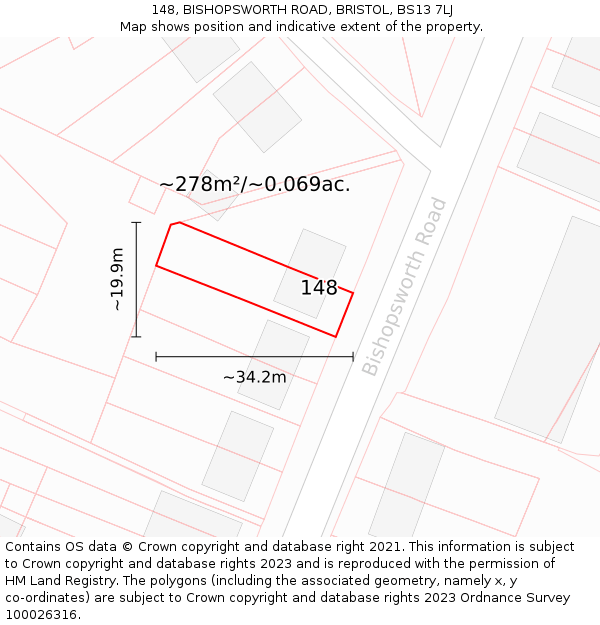 148, BISHOPSWORTH ROAD, BRISTOL, BS13 7LJ: Plot and title map