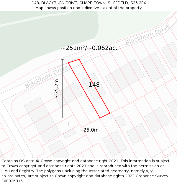 148, BLACKBURN DRIVE, CHAPELTOWN, SHEFFIELD, S35 2EX: Plot and title map
