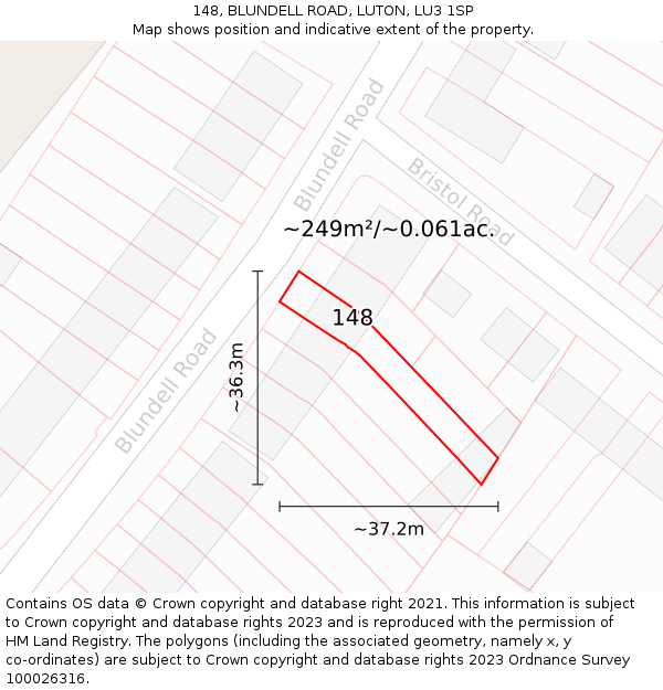 148, BLUNDELL ROAD, LUTON, LU3 1SP: Plot and title map