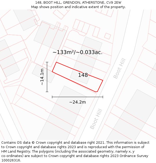 148, BOOT HILL, GRENDON, ATHERSTONE, CV9 2EW: Plot and title map