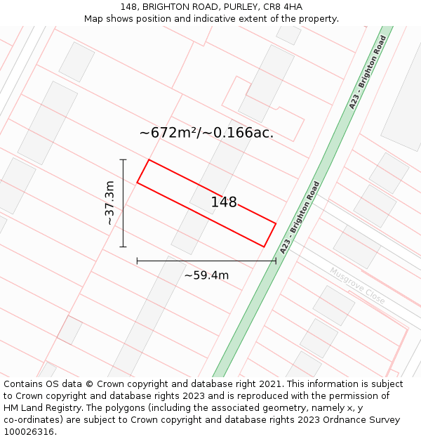 148, BRIGHTON ROAD, PURLEY, CR8 4HA: Plot and title map