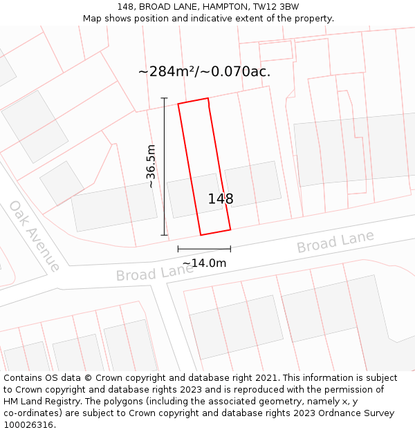 148, BROAD LANE, HAMPTON, TW12 3BW: Plot and title map