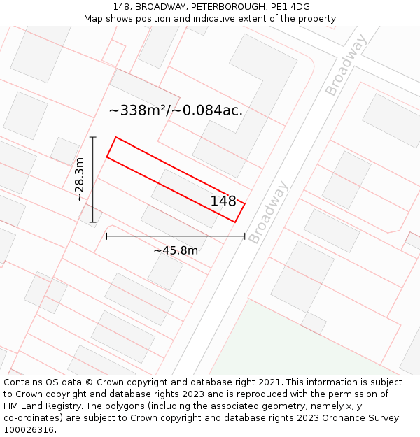 148, BROADWAY, PETERBOROUGH, PE1 4DG: Plot and title map