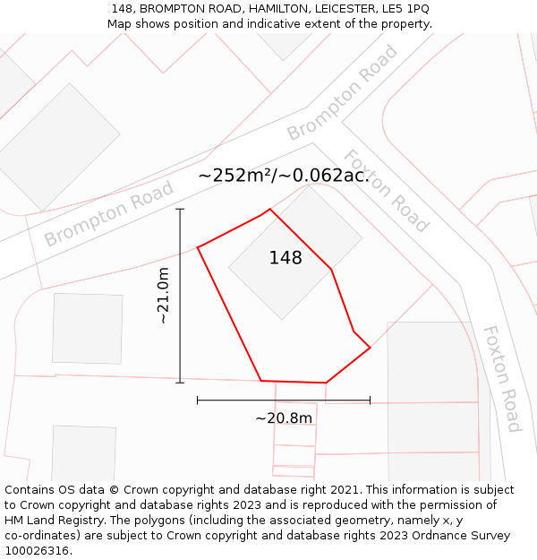 148, BROMPTON ROAD, HAMILTON, LEICESTER, LE5 1PQ: Plot and title map