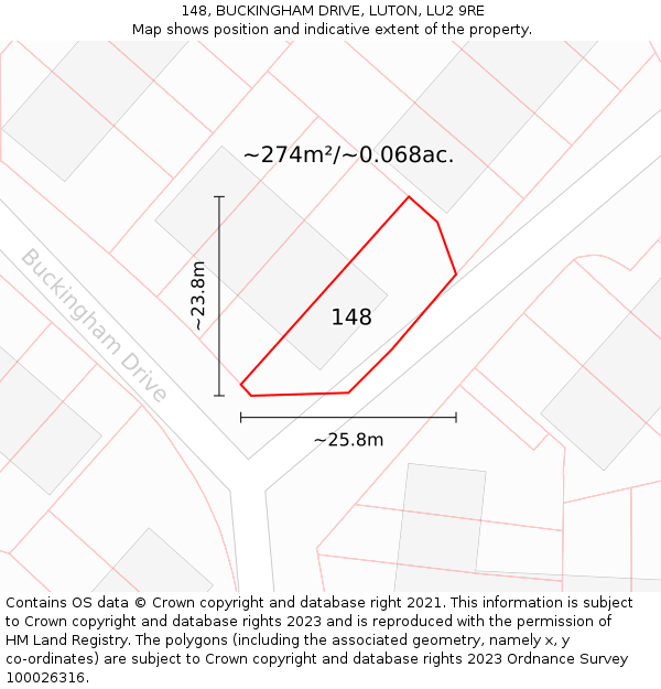 148, BUCKINGHAM DRIVE, LUTON, LU2 9RE: Plot and title map