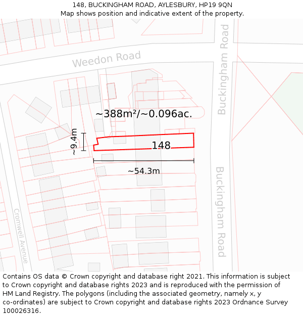 148, BUCKINGHAM ROAD, AYLESBURY, HP19 9QN: Plot and title map