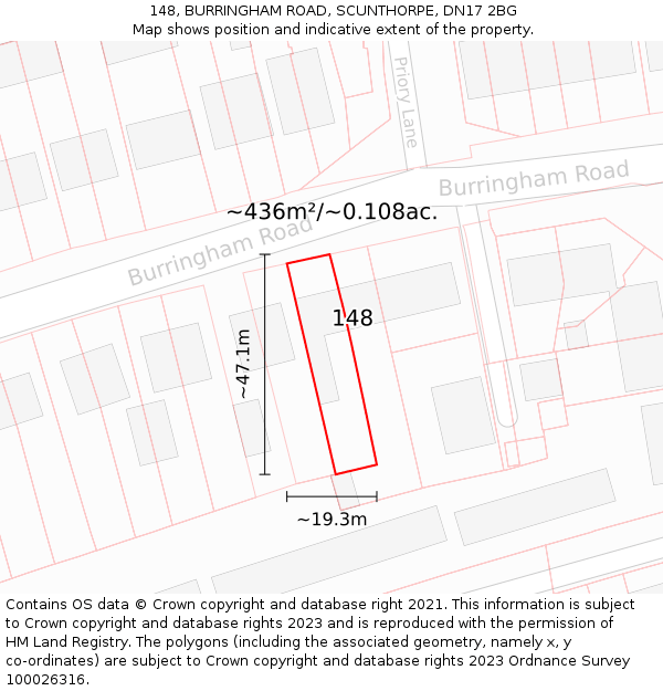 148, BURRINGHAM ROAD, SCUNTHORPE, DN17 2BG: Plot and title map