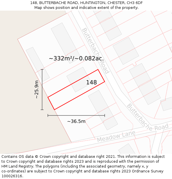 148, BUTTERBACHE ROAD, HUNTINGTON, CHESTER, CH3 6DF: Plot and title map