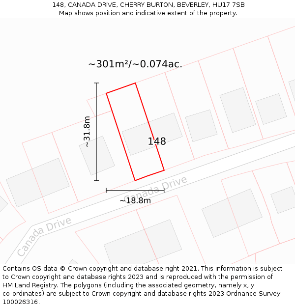 148, CANADA DRIVE, CHERRY BURTON, BEVERLEY, HU17 7SB: Plot and title map