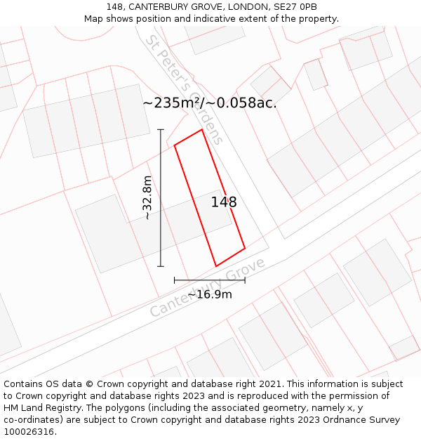 148, CANTERBURY GROVE, LONDON, SE27 0PB: Plot and title map