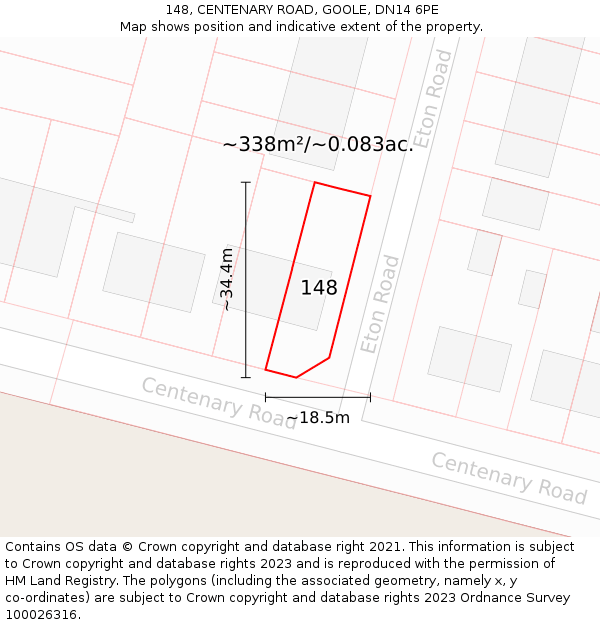 148, CENTENARY ROAD, GOOLE, DN14 6PE: Plot and title map