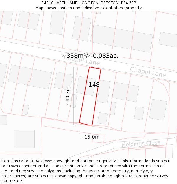 148, CHAPEL LANE, LONGTON, PRESTON, PR4 5FB: Plot and title map