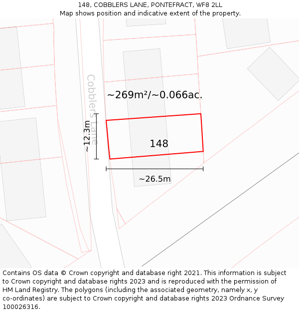 148, COBBLERS LANE, PONTEFRACT, WF8 2LL: Plot and title map
