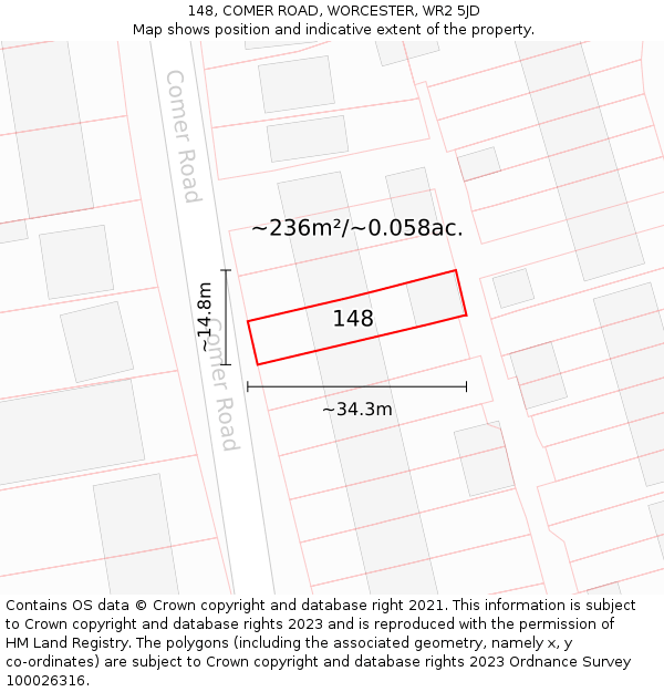 148, COMER ROAD, WORCESTER, WR2 5JD: Plot and title map